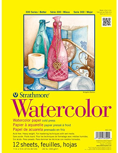 Strathmore 300 Series Tape Bound Watercolor Pad, 140 lb. Cold Press, 11 X 15 inches, White, 12 Sheets (360-111)