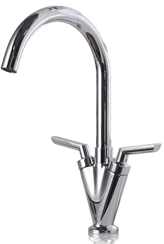 Deva Chrome Kitchen Sink Monobloc Mixer Tap with Dual Lever Handles - for Dual Single Basin - 360 Degree Swivel Spout - Silver Brass Mono Taps – UK Standard 1 Hole Kit - 12 Year Warranty LEV104