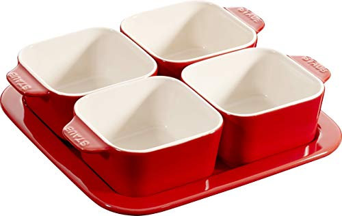 STAUB 3er Set Keramik Tapas Set, 5-tlg Dipschalen quadratisch Kirschrot 19 x 19 cm