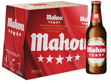Mahou 5 Estrellas, Pack de 12 Botellas x 25 cl, Cerveza Especial Dorada Lager, Sabor 5 Estrellas, 5,5% Volumen de Alcohol