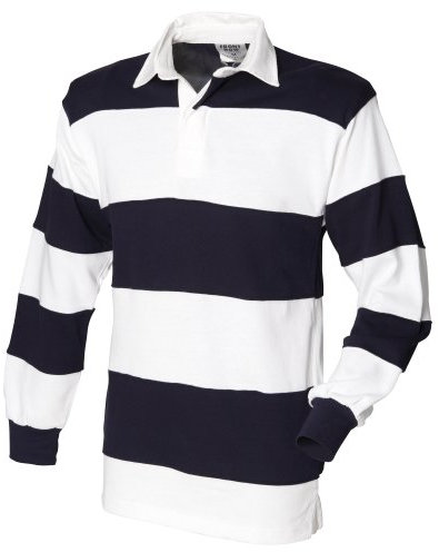 Front Row Sewn Stripe Long Sleeve Sports Rugby Polo Shirt (S) (White & Navy (White collar))