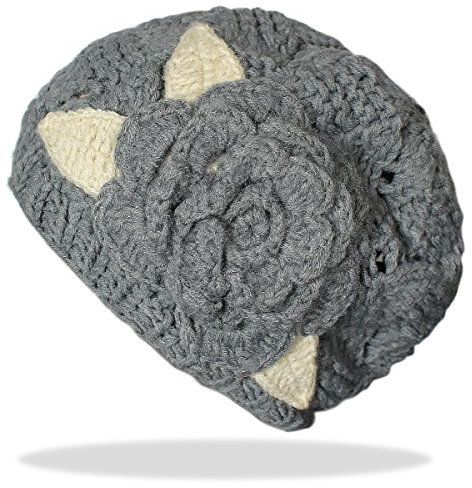 dy_mode Damen Strick Mütze mit Rosen-Blumen in viele Farben/Bunte Strickmütze Wintermütze - A039 (A039-Grau)