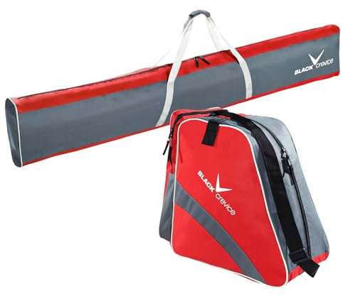 Black Crevice Skitasche-Set I Kombi-Set aus Skisack & Skischuhtasche I robuste Skitaschen aus 600D/PVC I Ski-Set mit Schultergurt I Skibag: 190x13x30cm I Skischuhe-Tasche: 45x39x25cm (Rot/Grau)