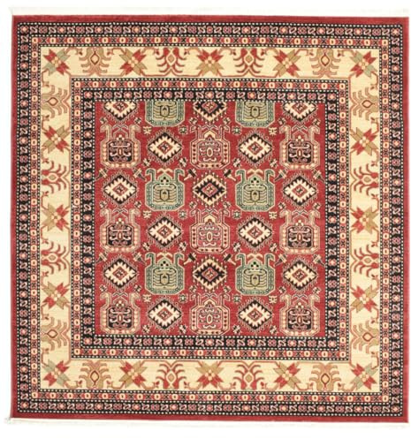 RugVista Kazak Simav Teppich, 200 x 200 cm, Rot/Beige | Orientalische, Quadratisch, Niedriger Stapel, Nur chemische Reinigung, Oeko-Tex 100, Wohnzimmer, Esszimmer, Schlafzimmer