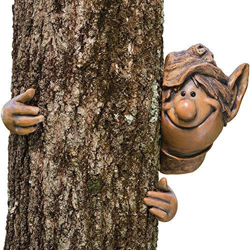 Bits and Pieces - Garden Peeker Elf Tree Hugger Outdoor Tree Sculpture - Whimsical Garden Decoration