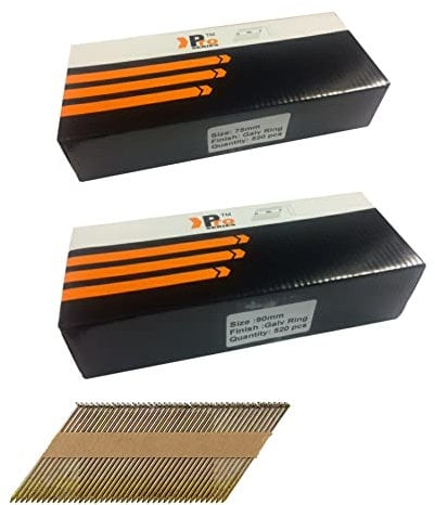 Mixed Pack 520 x 75mm Galv Ring + 520 x 90mm Galv Ring Framing Nails,Clipped D-Head, for DEWALT 18v Cordless DCN692