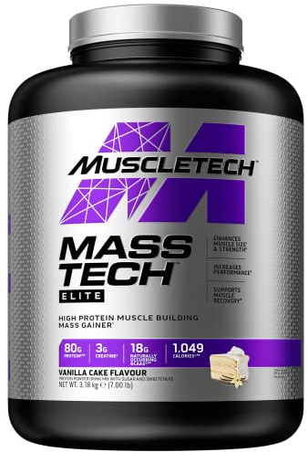 MuscleTech MassTech Elite Proteinpulver, Baut Muskelgröße Und -Stärke Auf, Molkenisola Massenproteinpulver Mit 3 g Kreatin, 80 g Protein, 18 g BCAA, 14 Portionen, 3,2 kg