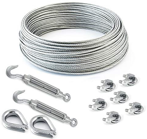 DQ-PP Stahlseil SET 5 – 4mm 6x7 mittelweich – 10 Meter – Stahl verzinkt – 2x Kauschen 4mm – 2x Spannschloss Haken-Öse M5 – 6x Seilklemmen Bügel 5mm – Drahtseil für Rankhilfe Seil