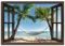 Artland Leinwandbild Wandbild Bild auf Leinwand 70x50 cm Wanddeko Fensterblick Fenster Strand Karibik Meer Palmen Hängematte Südsee T4TP