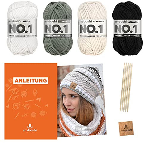 myboshi Strickset Mütze Irvine, Strickpaket für Fortgeschrittene, inkl. No.1 Wolle, Nadel, Anleitung und Label, 30% Merinowolle Dunkel mit Nadelspiel