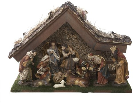 Kurt Adler Weihnachtskrippe mit Stall und 10 Figuren, 30,5 cm, Braun