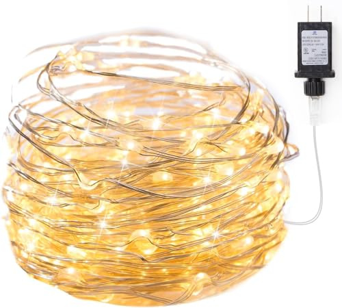 HONGSHUNLQB 33Ft Warm White Copper Wire LED Starry Lights on Silver Ultra Thin String Wire, with Power Adaptor