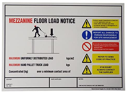 Mezzanine Floor Weight Load Notice Sign| White Rigid Styrene PVC | Racking & Shelving Procedures | 210mm High X 297mm Wide | Supplied Blank (Horizontal)