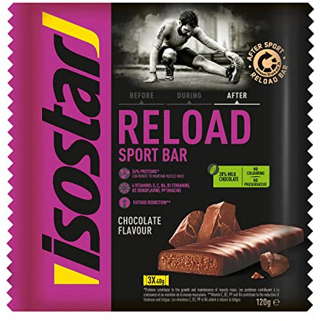 Isostar Reload Sport Riegel Schokolade - Protein-Riegel - Nach dem Sport - Gesunde Sport-Snacks - Ohne Farbstoffe - Ohne Konservierungsstoffe - 1 Packung mit 3 Riegeln (3 x 40 g)