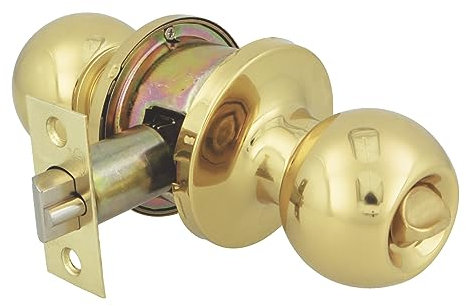 Amig - Pomo Puerta Entrada - Con Picaporte de Entrada 60/70 mm - Pomo de Bola en Ambos Lados - Con Cerradura y Condena - Sistema Antitarjeta - Para Puertas de Madera - Dorado Brillo