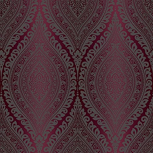 Grandeco Kismet Damask Muster Tapete Metallische Glitzern Motiv Art Deco - Pflaume A17705
