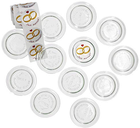 MamboCat Weckgläser Glasdeckel I RR 60 12er Set I Inkl. Hochzeits-Etiketten Just Married rund I Geschenkverpackung für Marmelade, Kostproben & Give Aways I Einmach-Zubehör I Weck Glasdeckel