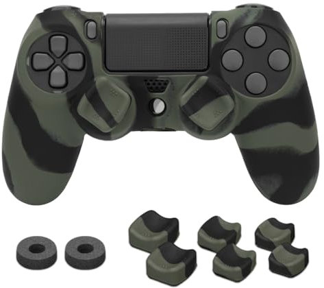 NiTHO Gaming Kit für PS4 Controller, Anti-Schwitz Silikonhülle, 2 Präzisionsringe, 3 Größen von 2 Konkaven Daumengriffen, Zubehör für die Controller Playstation 4 - Camo