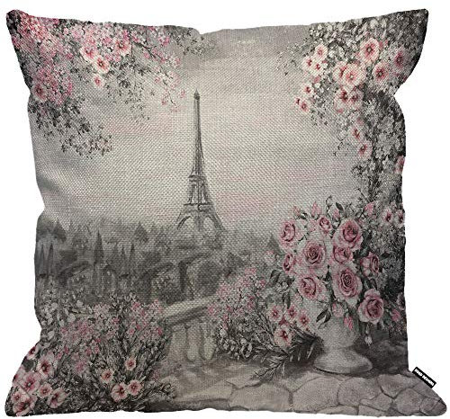 HGOD DESIGNS Kissenbezug, Ölgemälde, Paris, Eiffelturm, Blume, Rose, Rosa, Grau, Überwurf-Kissenbezug, Heimdekoration, für Herren/Damen, Wohnzimmer, Schlafzimmer, Sofa, Stuhl, 45 x 45 cm