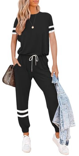 Litthing Damen Trainingsanzug Jogginganzug 2 Stücke Set Kurzarm Top/Hose Freizeitkleidung Sportswear für Running Yoga Gym (Schwarz, 2XL)