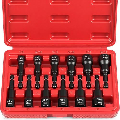 12-Piece Magnetic Nut Driver Set - Premium Impact Power Hex Nut Driver Drill Bit Master Kit, SAE & Metric, 1/4-Inch Quick-Change