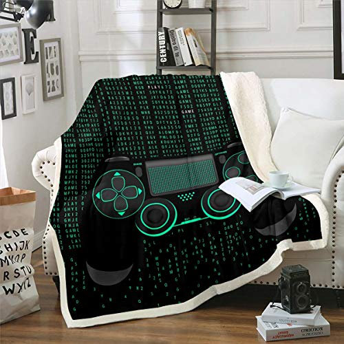 Videospiel Gamepad Decke 150x200cm Jugendliche Spiel Controller Kuscheldecke für Kinder Jungen Gamer Wohndecke Moderne Spielekonsole Action Buttons Grün Schwarz Raumdekor Flanell Fleecedecke