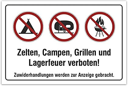 Aluverbund Hinweis Schild 30x20cm Wetterfest Rostfrei Kratzfest UV beständig - Zelten Campen Grillen und Lagerfeuer verboten