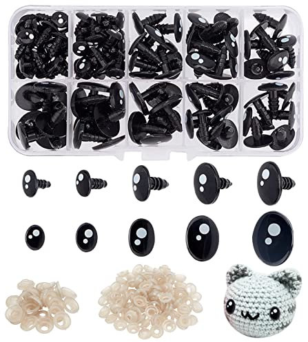 PandaHall 200 Stück 5 Größen Kawaii Sicherheitsaugen, Ovales Harz Bastelaugen mit Unterlegscheiben Tiere Häkeln Zubehör für Amigurumi Marionette Teddybär