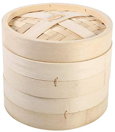 Basage Bamboo Steamer, Bamboo Steamer Basket, Dim Sum Steamer, Bamboo Steamer, 4 Sizes 2 Tiers Basket Chinese Natural Rice Cooking Food Cooker with Lid New(22cm)