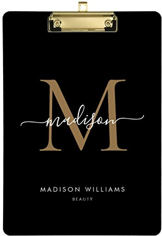 Personalisiertes, modernes schwarzgoldenes Acryl-Klemmbrett, A4, Standardgröße, dekorative Klemmbretter mit Text-Logo, für Studenten, Frauen, Männer, 22,9 x 31,8 cm, mit niedrigem Profil-Metallclip