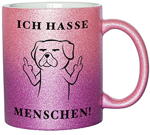 Glitzer Tasse mit Spruch Ich hasse Menschen | Rosa-Lila | Hund | 330ml | doppelseitig bedruckt | Für Hundeliebhaber als witzige Geschenkidee zu Weihnachten für beste Freundin oder Kollegin