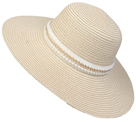 JK Home Womens Pearl Band Dome Straw Hat Big Brim Floppy Foldable Roll up Beach Cap Sun Hat UPF 50+ Summer Fedora Trilby Beige