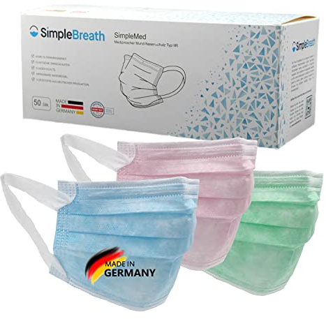 SimpleBreath 50 x medizinische Mund-NasenSchutzmaske SimpleMed Typ IIR Made in Germany & EN14683 zertifizierte OP-Maske 3lagiger Mundschutz aus deutscher Herstellung