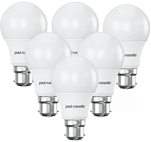 paul russells LED GLS Light Bayonet Cap BC, 60w Equivalent, 8watt 806LM LED Bulbs, 6500K Daylight Lamp, Classic Frosted A60 Standard B22 Energy Saving Non-Dimmable Large Globe Lightbulbs, 6 Pack
