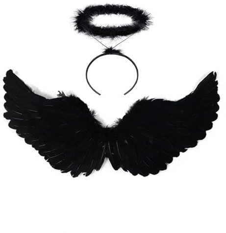 Sunshine smile 60CM Engelsflügel Schwarz mit Heiligenschein,Engel Flügel,Federflügel Engel,Engels Flügel Kostüm,Engel Flügel für Damen und Mädchen,Party Fasching Kostüme Deko,Kostümparty Verkleidung