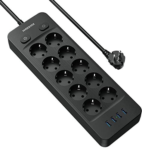 NVEESHOX Steckdosenleiste mit 4 USB, 10 Fach Steckdosenleiste mit Schalter, Mehrfachsteckdose überspannungsschutz(4000W/16A), 2M Steckdosenleiste Wandmontage, Mehrfachstecker für Büro, Küche