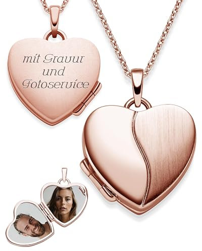 Herz Medaillon zum Öffnen für Bilder Rosegold | Kette Damen Medallion mit Bild | Foto Amulett Anhänger Herzmedallion| Halskette Herzkette mit Gravur