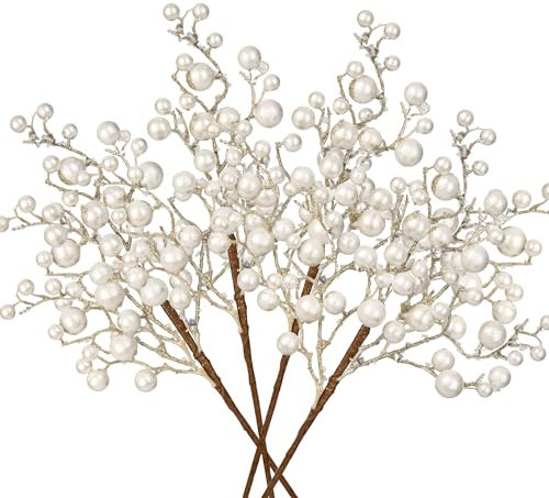 Oairse 4er Set Kunstpflanze Kunstzweig Künstlicher Beerenzweig Weihnachten deko Glitzer, Dekorative Zweige mit Beeren Künstliche Holly Berry für Weihnachtsbaum, Christbaumschmuck, Weiß