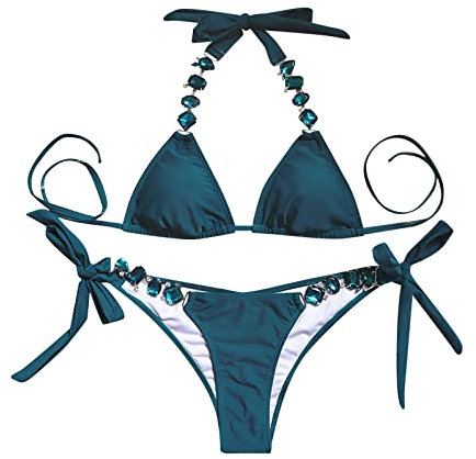 Badekleid Damen Bauchweg Sexy Bikini-Farbiger Damen-Badeanzug mit -Trägern und Metallketten-Accessoires Tank Tops Herren Spitze Triangel-Set für Bikini-Frauen Zweiteiliger Badeanzug Zweiteiliger
