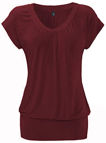 DOTIN Camiseta de manga corta para mujer, cuello de pico, camiseta Causal, plisada, túnica básica, borgoña, XL