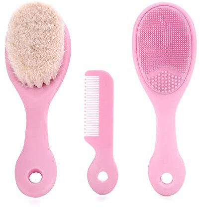 3PCS Mocarheri Baby haarbürste und Kamm Set für Neugeborene & Kleinkinder | Natürliche Weiche Ziegenborsten | Ideal für Cradle Cap (Rosa)