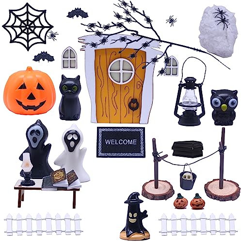 Halloween Puppenhaus Dekoration Miniatur gelb Holz Wichteltür Komplettset zubehör Garten Thema Spinne Fledermäuse Kürbis-Elfe Geist Halloween Party Dekoration…
