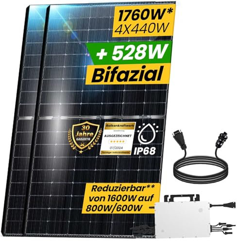 EPP.Solar® 1760W Photovoltaik Balkonkraftwerk 1600W komplett Steckdose - Solaranlage Komplettset mit 440W Bifaziale Solarmodule, HMS-1600-4T Wechselrichter und 5m Wielandstecker