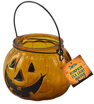 Halloween Teelichthalter aus Glas mit Kürbis Motiv
