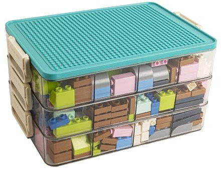 WMM Toys Storage Organizer Bins for Lego, Stackable Toys Organizer, Lego Building Block Storage, Toy Storage Box with 24 Palace Grids, Plastic Stackable Organizer Bins (Green 3layers)