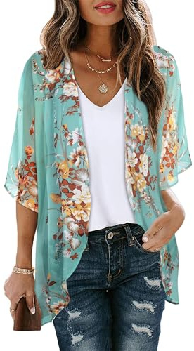 Damen Sommer Cardigan Kurz Ärmel Strickjacke Vorne Offen Strand Kimono | Weicher und atmungsaktiver Stoff, Casual Floral Bedruckte Strandtunika, Locker Vintage Blumen Boho Bikini Cover Up