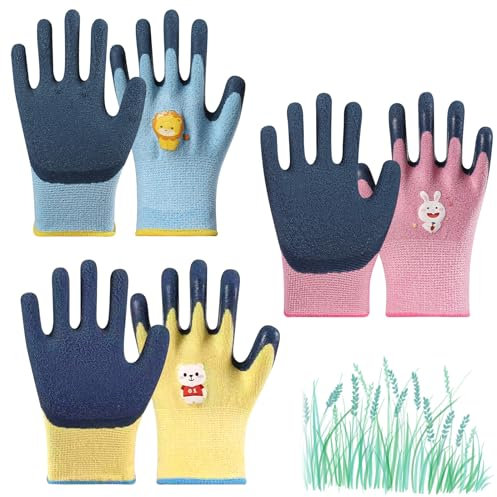 Ksvaye 3 Paar Gartenhandschuhe Kinder Arbeitshandschuhe Kinder Hof Arbeit Handschuhe Gartenarbeitshandschuhe Kinder für 5-9 Jahre Mädchen und Jungen