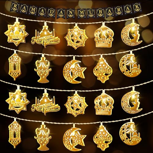 FFZZKJ Ramadan Lichterkette 3M 20LED Eid Mubarak Dekoration mit Ramadan Mubarak Banner Dekoration Batteriebetrieben Stern Mond Lichterkette für Muslim Ramadan, Heim Dekoration Party Zubehör, Golden