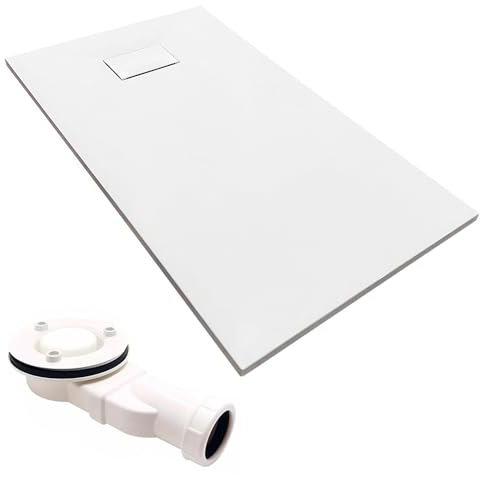 KOLMAN Duschwanne 140x90 cm Rechteck, Weiß, Komposit, Flach, Steinoptik, Ablaufgarnitur Ø 90 mm, Design-Duschtasse Rechteckig VIDAR SLIM