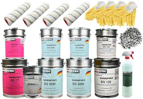 SAMATEC 2K Epoxidharz Komplett Set Bodenbeschichtung Betonbeschichtung Estrichbeschichtung inkl. Grundierung und Werkzeug für 25m² (RAL 3020 Verkehrsrot)